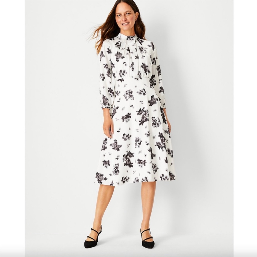 Ann Taylor Ikat Floral Mock Neck Flare Dress White & Black Size 2-worn once!